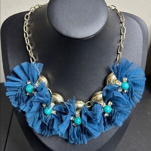SUGARFIX BLUE Tutu LACE FLOWERS Rhinestone Statement BIB NECKLACE Gold Tone